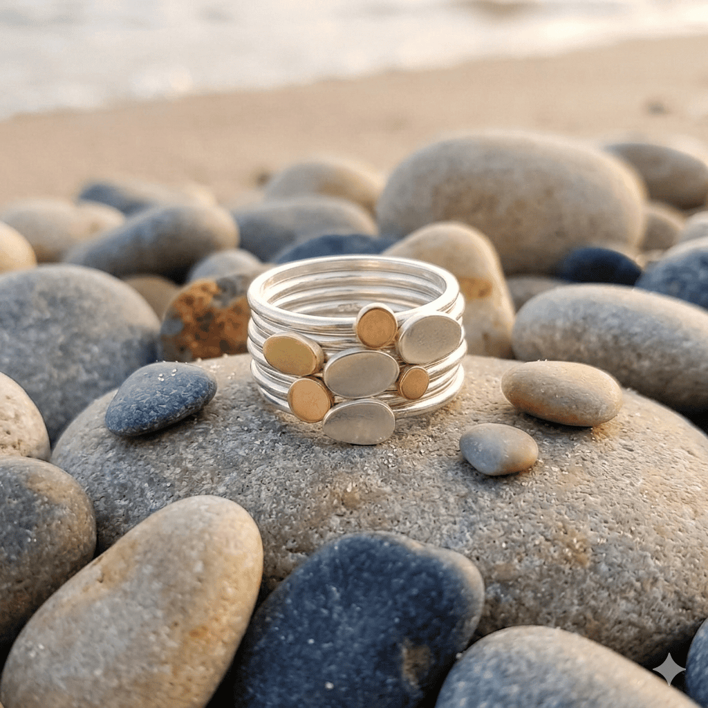 Whispers Of The Shore - Sterling Silver & Gold Stacking Ring Set