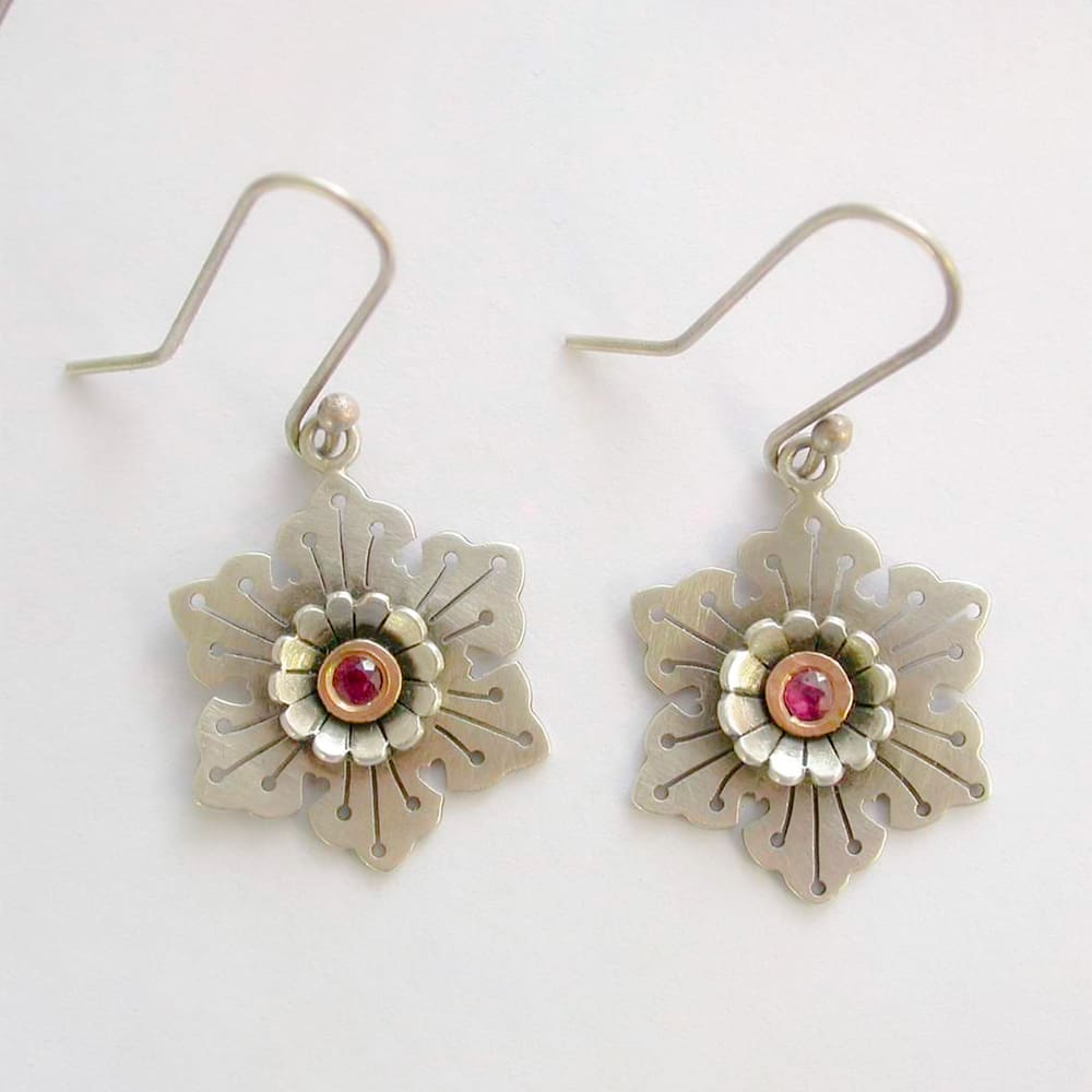 Sterling Silver, Yellow Gold and Garnet Snowflake Earrings