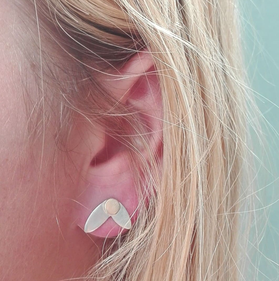 Sterling Silver, and Yellow Gold Two-Tone Stud Earrings - Image 2