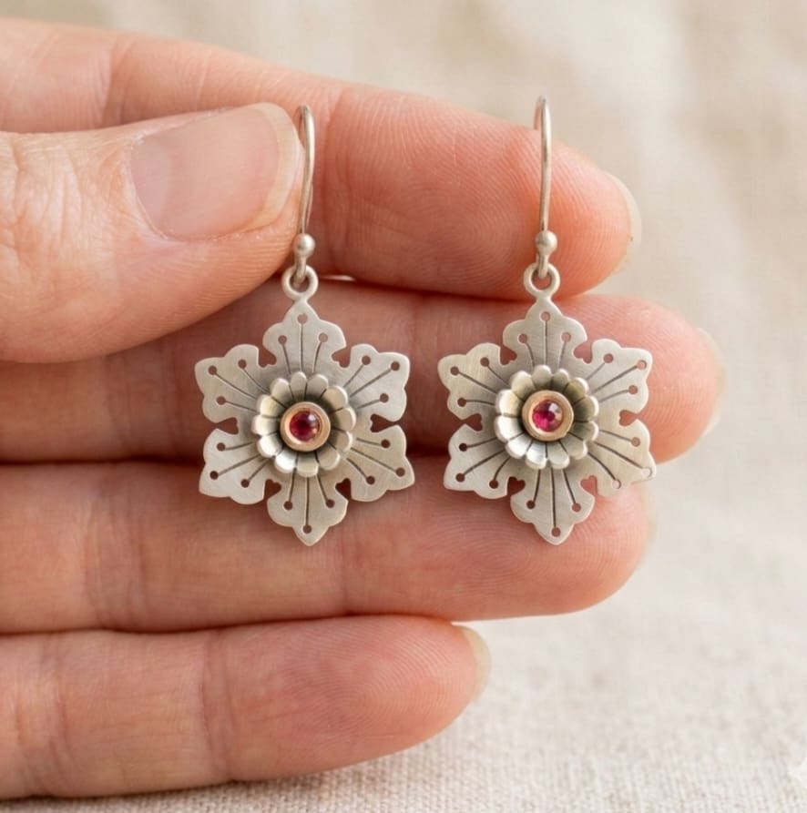 Sterling Silver, Yellow Gold and Garnet Snowflake Earrings - Image 2
