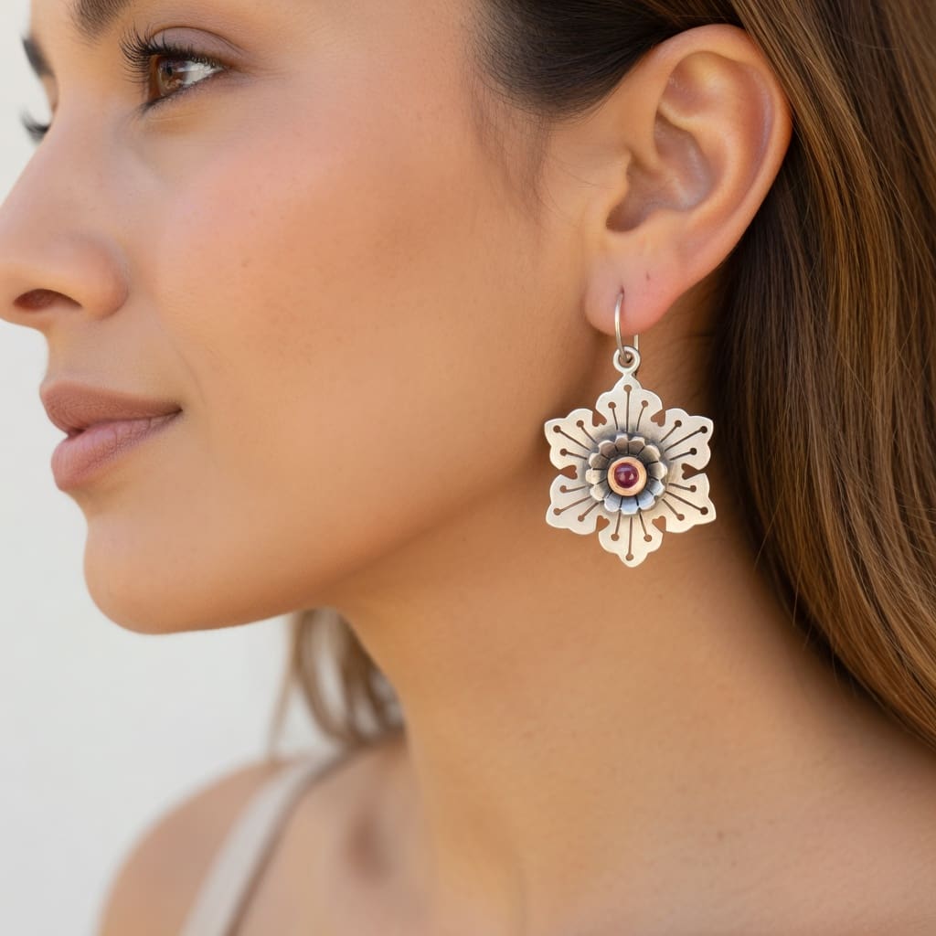 Sterling Silver, Yellow Gold and Garnet Snowflake Earrings - Image 3