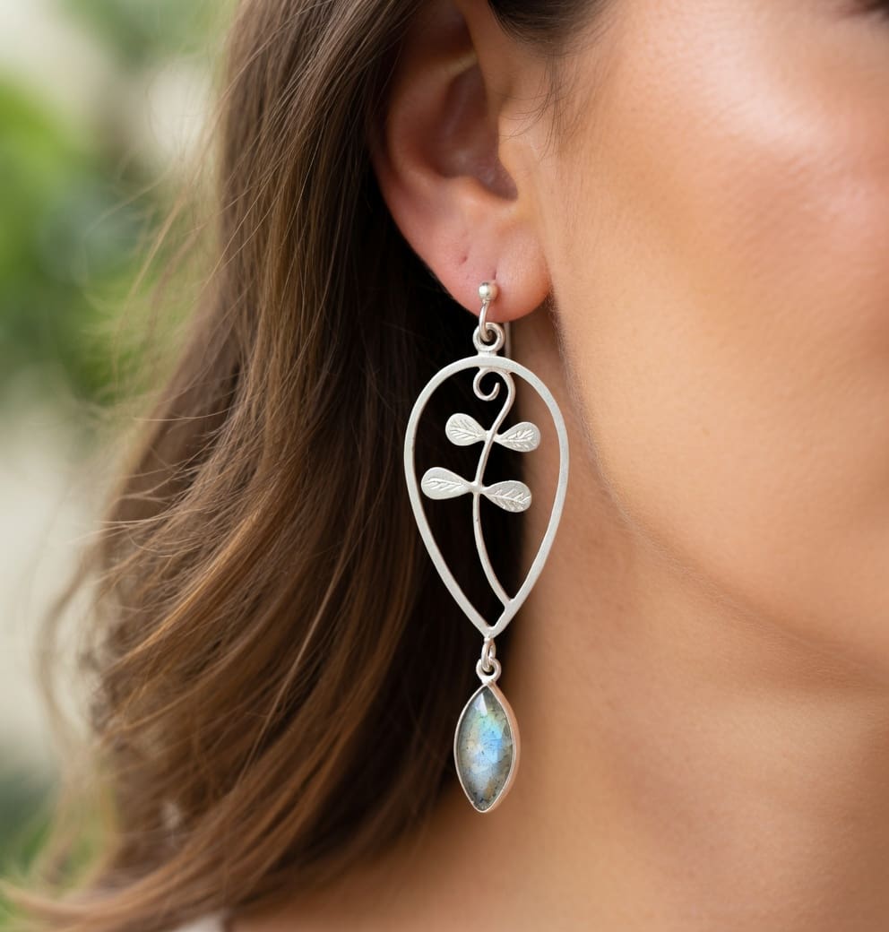 Sterling Silver, Long Fern Earrings with Faceted Labradorite - Image 2