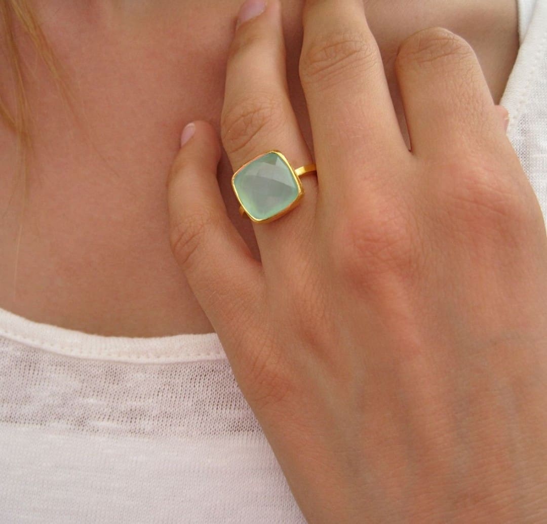Atmosphere Yellow Gold, Faceted, Cushion Cut Chalcedony Ring - Image 3