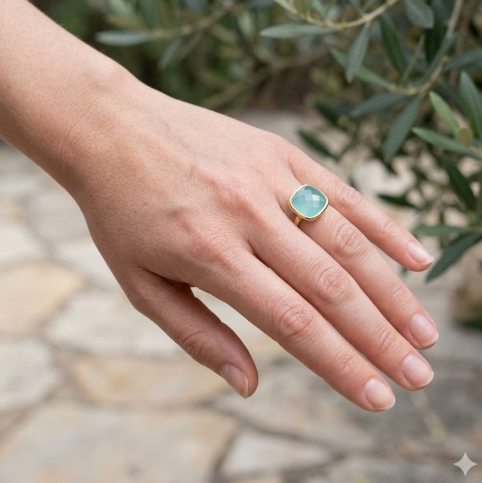 Atmosphere Yellow Gold, Faceted, Cushion Cut Chalcedony Ring - Image 4
