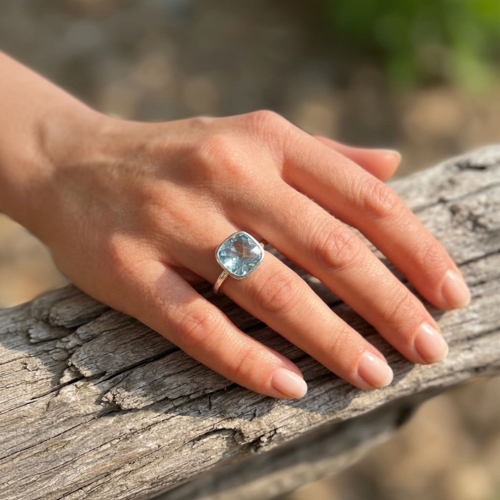 Electric Blue Sterling Silver, Faceted Swiss Blue Topaz Ring - Image 4