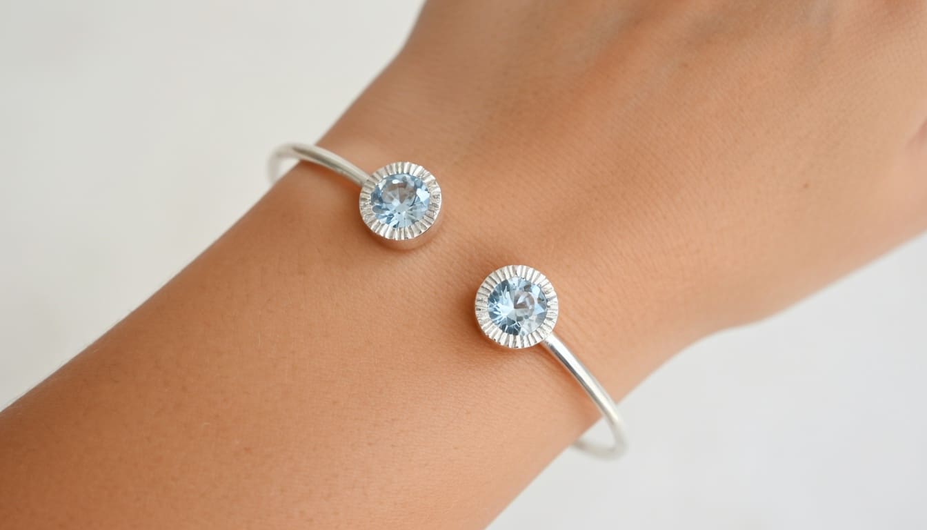 Sterling Silver, Faceted Sky Blue Topaz Two Stone Bangle - Image 2