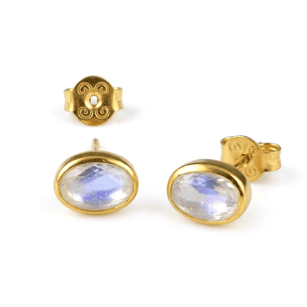Faceted Oval Rainbow Moonstone Yellow Gold Stud Earrings