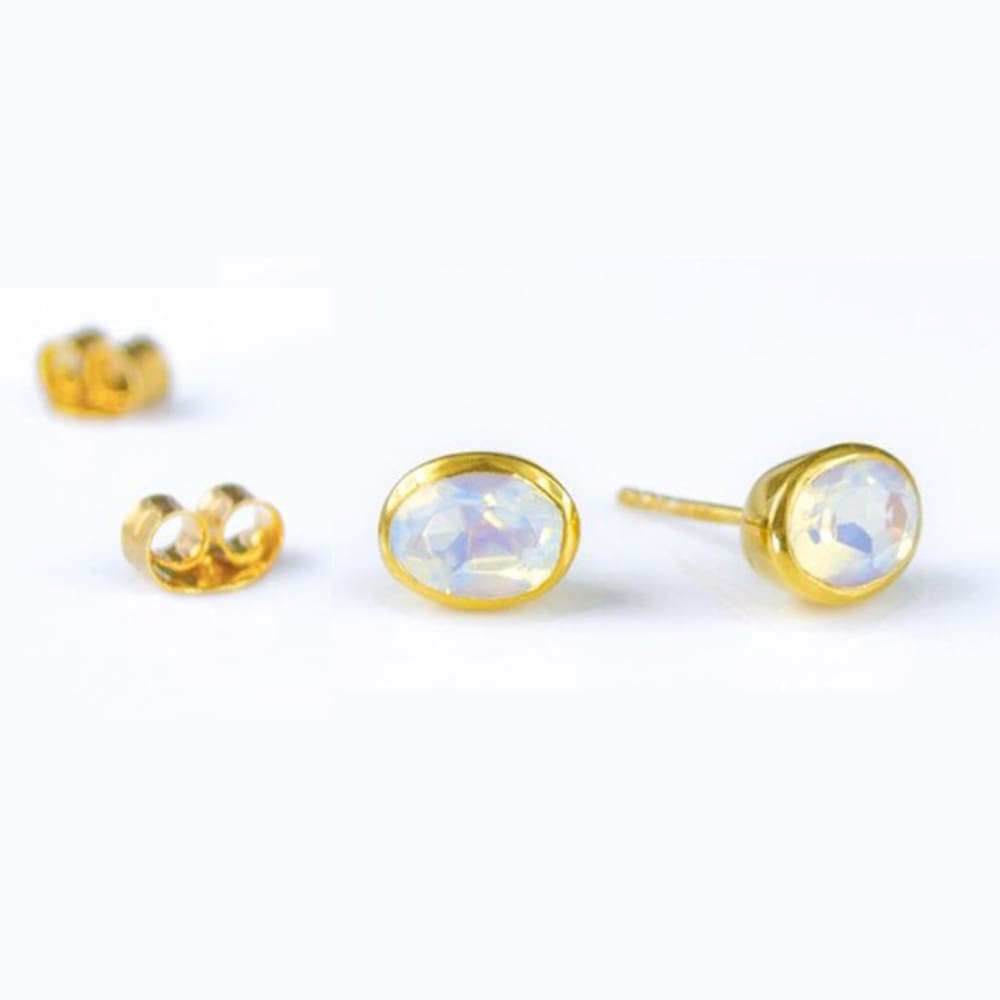 Faceted Oval Rainbow Moonstone Yellow Gold Stud Earrings - Image 2