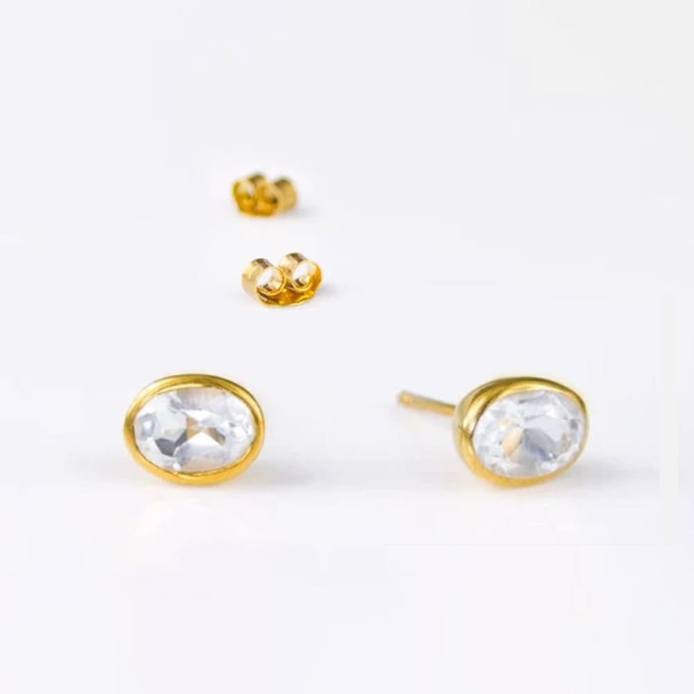 Yellow Gold, Faceted, Oval White Topaz Stud Earrings - Image 2