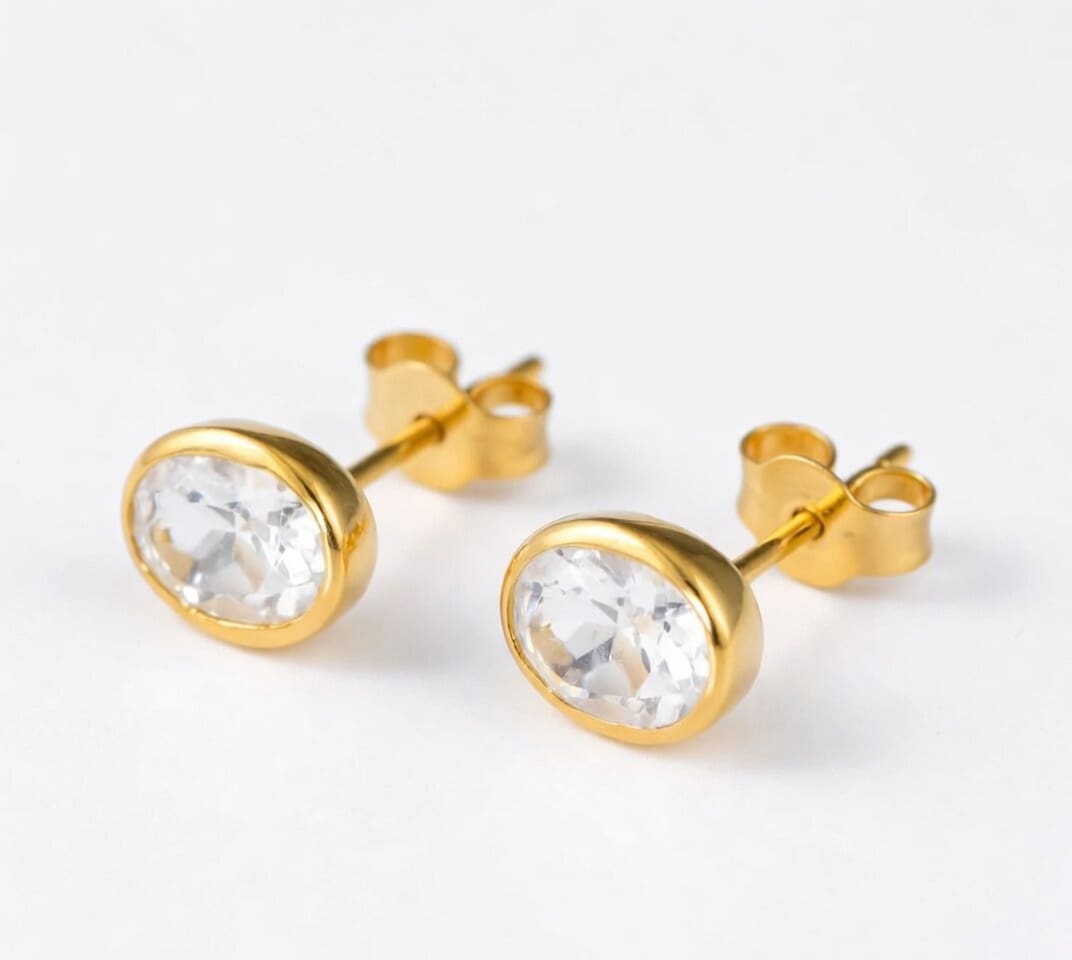Yellow Gold, Faceted, Oval White Topaz Stud Earrings