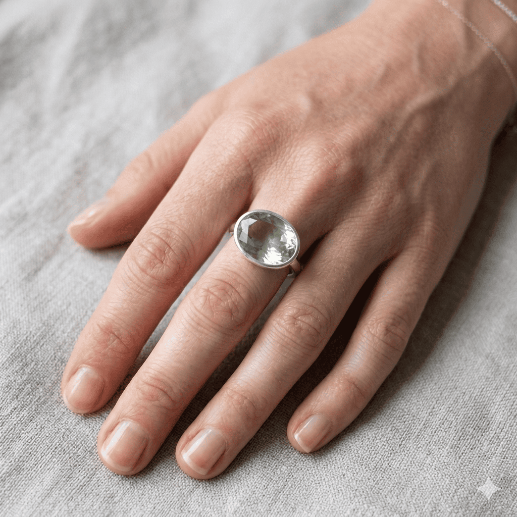 Oval Faceted Handcrafted Sterling Silver Green Amethyst Ring - Image 3