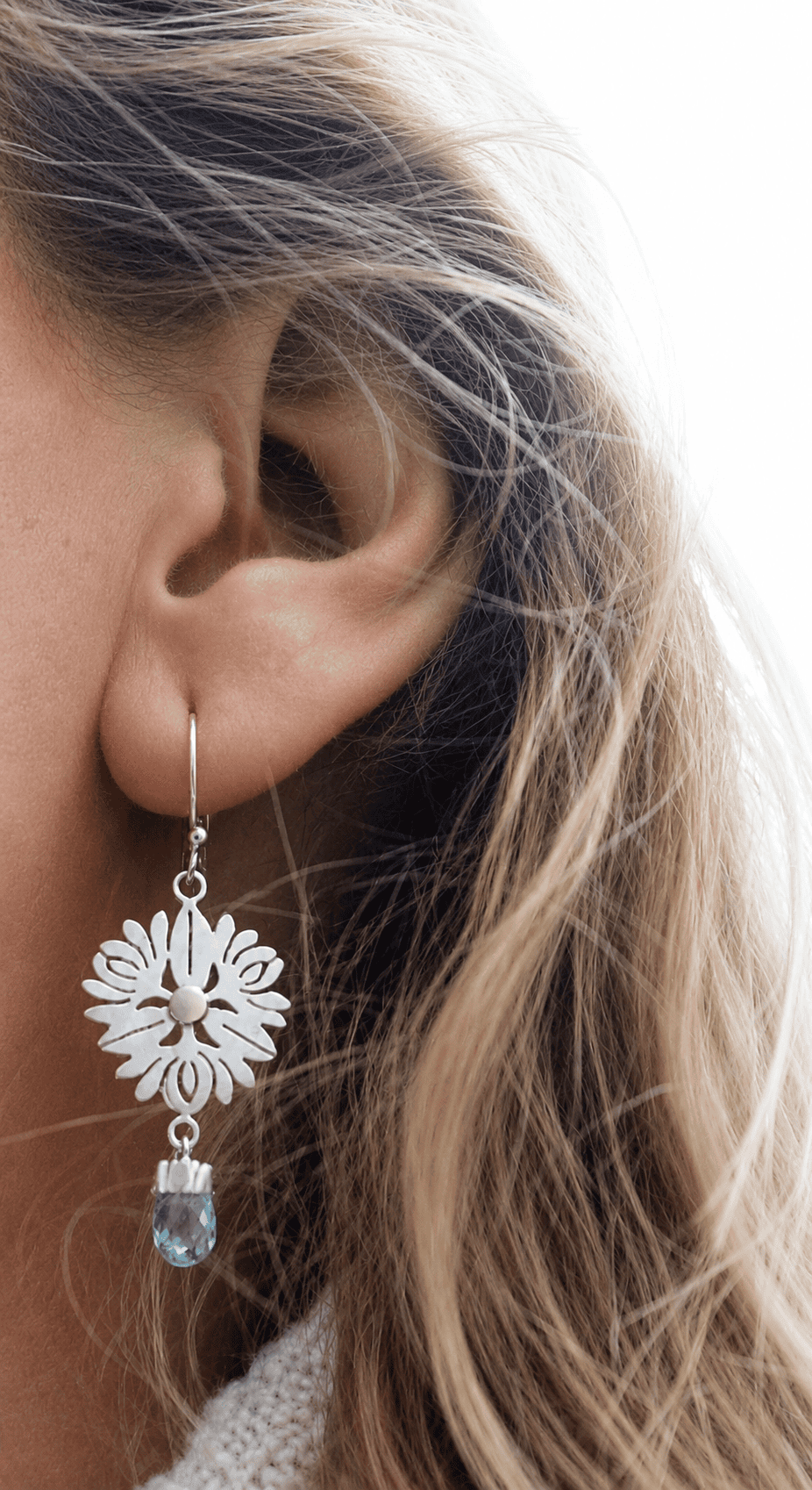 Dew Drop Sterling Silver, Yellow Gold, Blue Topaz Dangling Earrings - Image 3