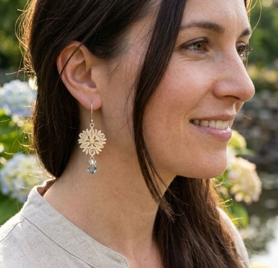 Dew Drop Sterling Silver, Yellow Gold, Blue Topaz Dangling Earrings - Image 4