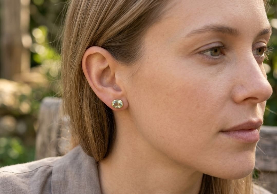 Yellow Gold, Faceted Prasiolite(green Amethyst) Stud Earrings - Image 3