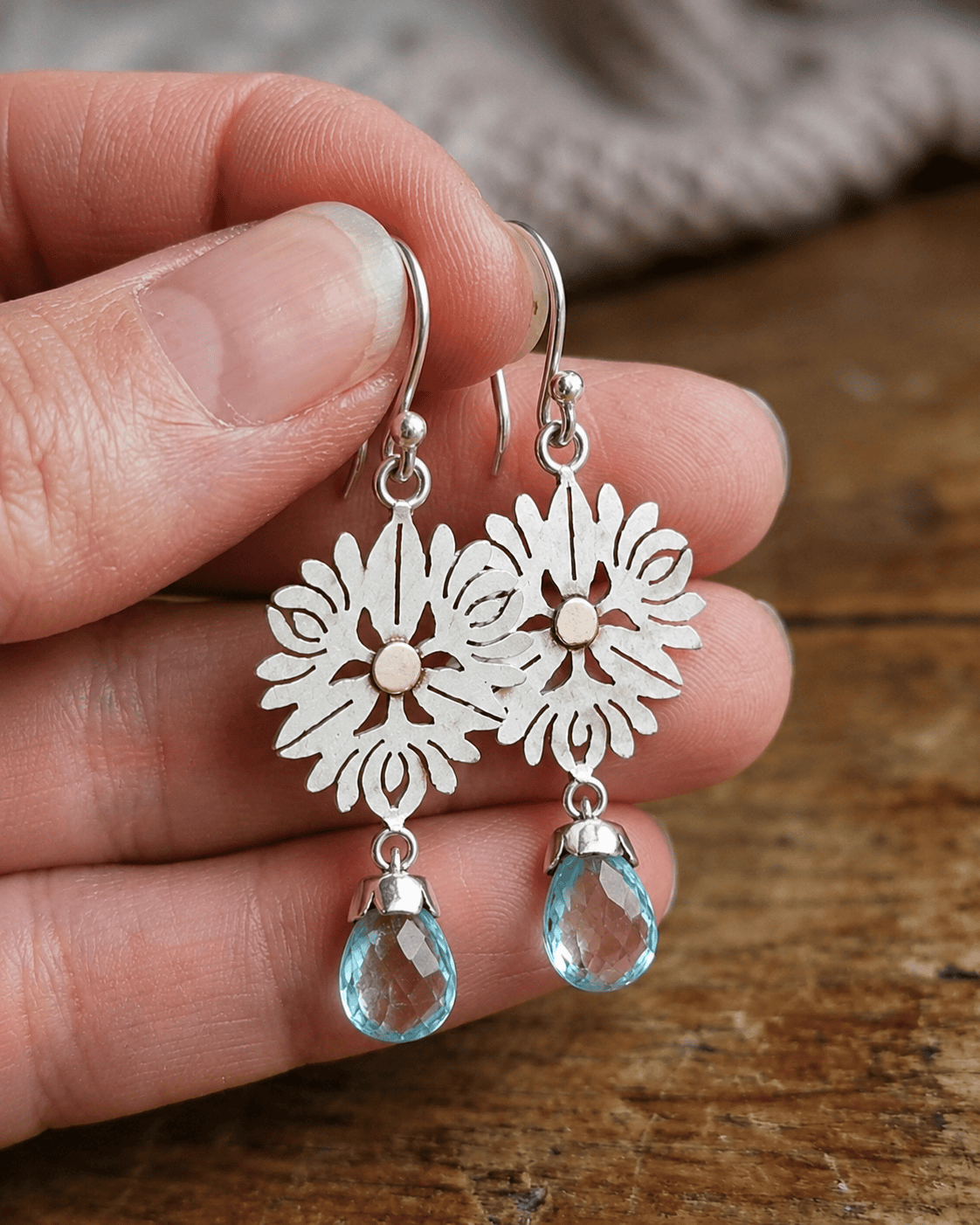 Dew Drop Sterling Silver, Yellow Gold, Blue Topaz Dangling Earrings - Image 2