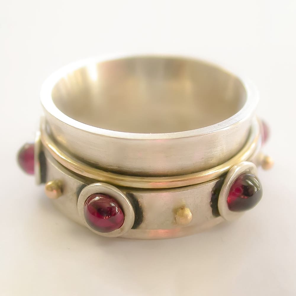 Sterling Silver, Yellow Gold and Garnet Meditation Spinner Ring