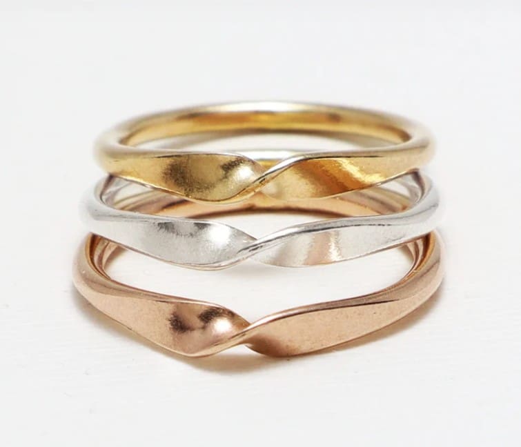 Yellow, Rose Gold and Sterling Silver Mobius Stacking Ring Set - Image 2