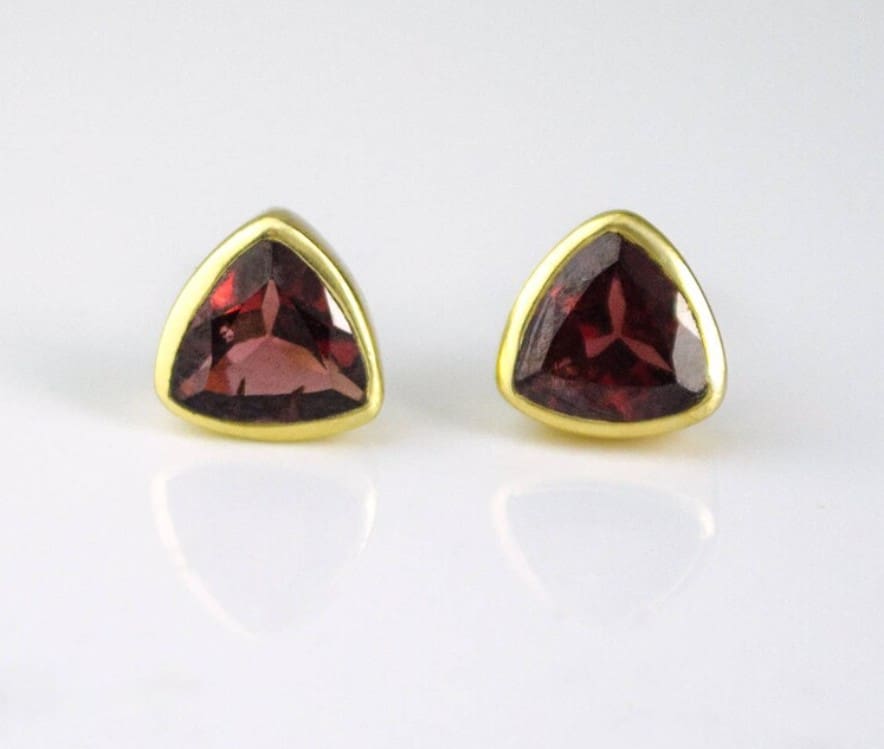 Yellow Gold, Faceted Garnet Trilliant Stud Earrings - Image 2