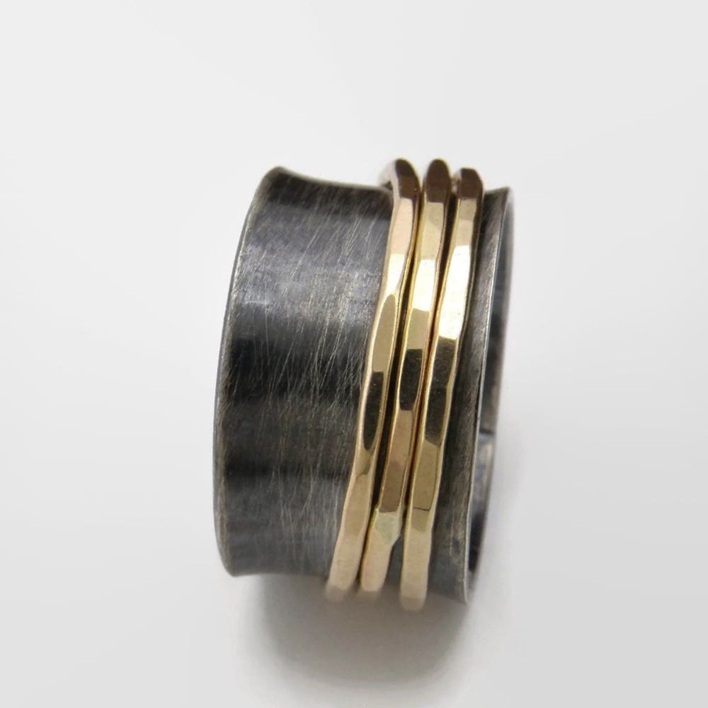 Sterling Silver Oxidized, Yellow Gold Meditation Spinner Ring