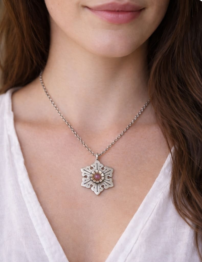 Sterling Silver, Yellow Gold and Garnet Snowflake Necklace - Image 2