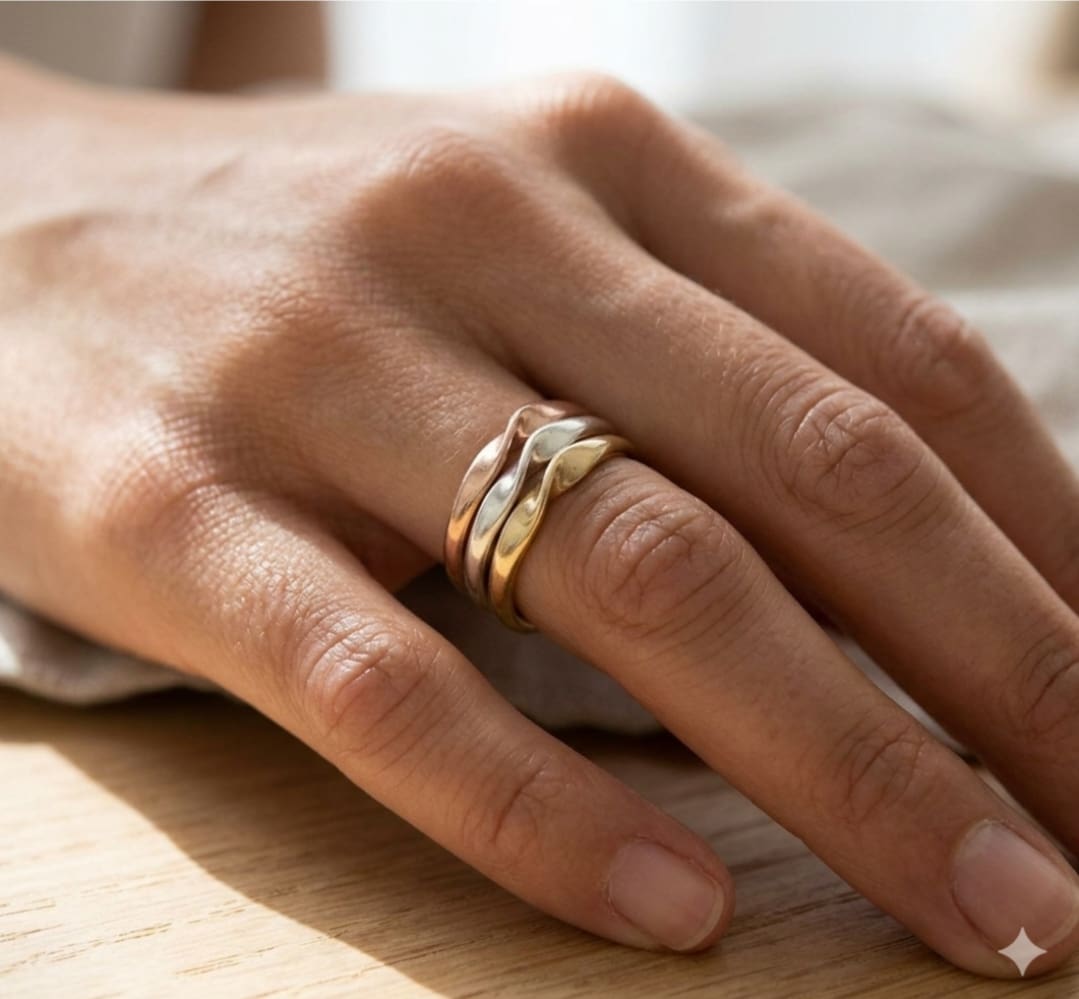 Yellow, Rose Gold and Sterling Silver Mobius Stacking Ring Set - Image 5