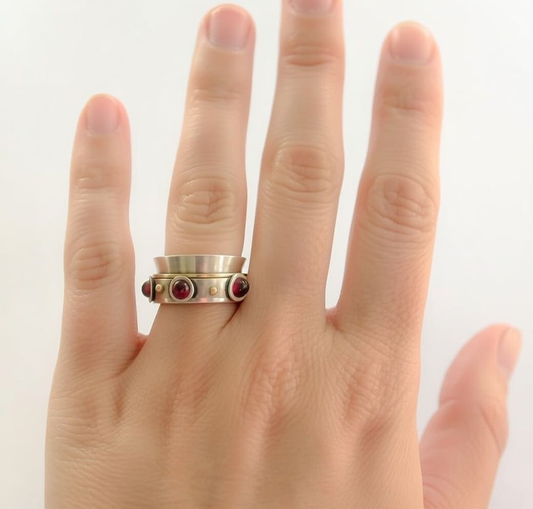 Sterling Silver, Yellow Gold and Garnet Meditation Spinner Ring - Image 2