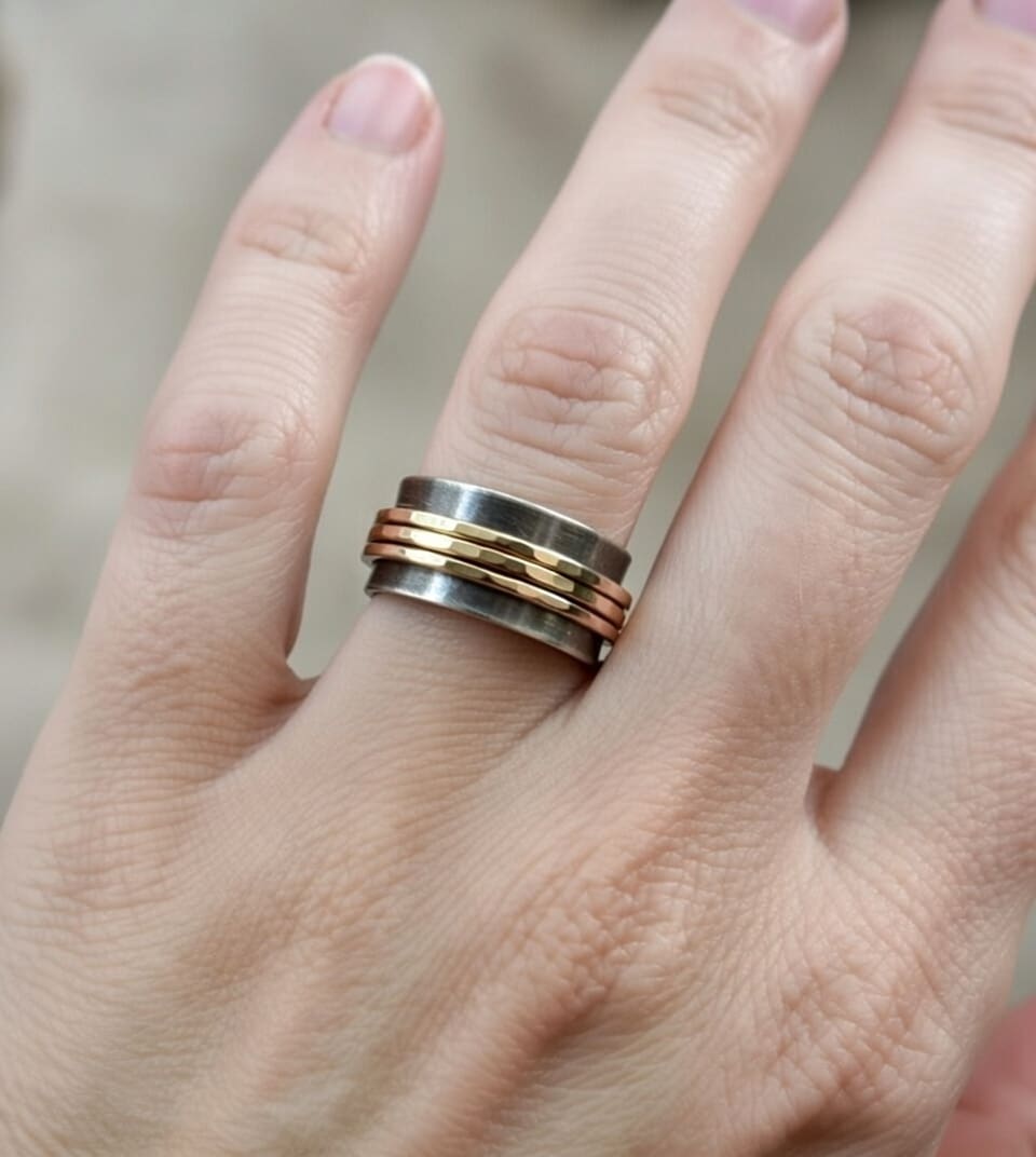 Sterling Silver Oxidized, Yellow Gold Meditation Spinner Ring - Image 2