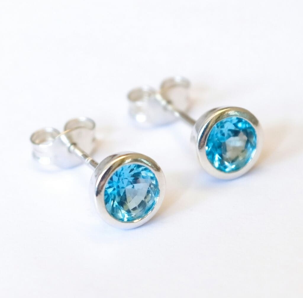 Sterling Silver, Faceted Blue Zircon Stud Earrings - Image 2