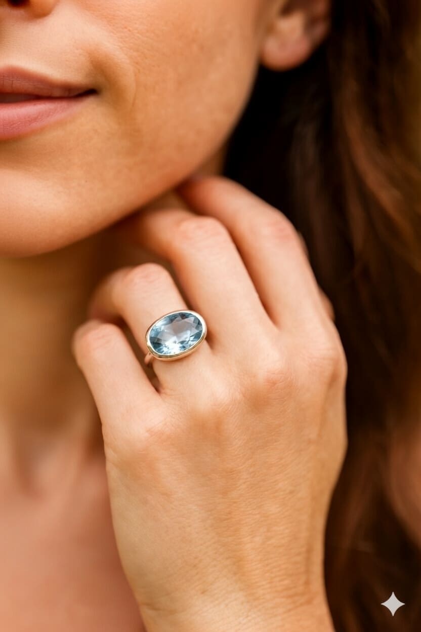 Handmade Sterling Silver, Faceted, Oval, Sky Blue Topaz Ring - Image 3