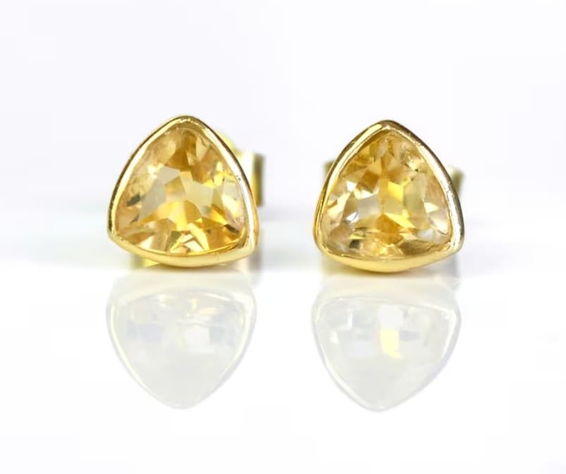 Yellow Gold, Faceted Citrine Trilliant Stud Earrings - Image 3