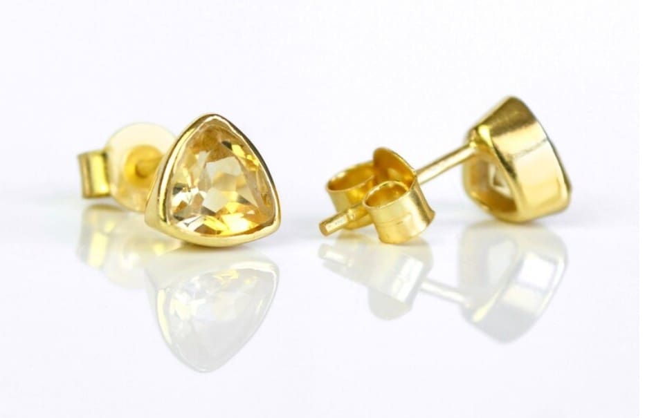 Yellow Gold, Faceted Citrine Trilliant Stud Earrings - Image 2