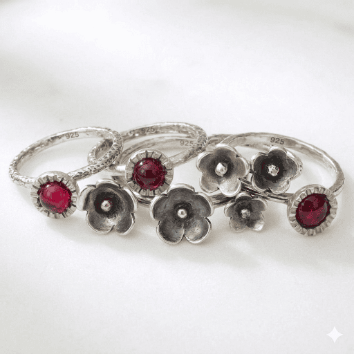 Garnet Garden Party Handmade Sterling Silver Stacking Rings - Image 2