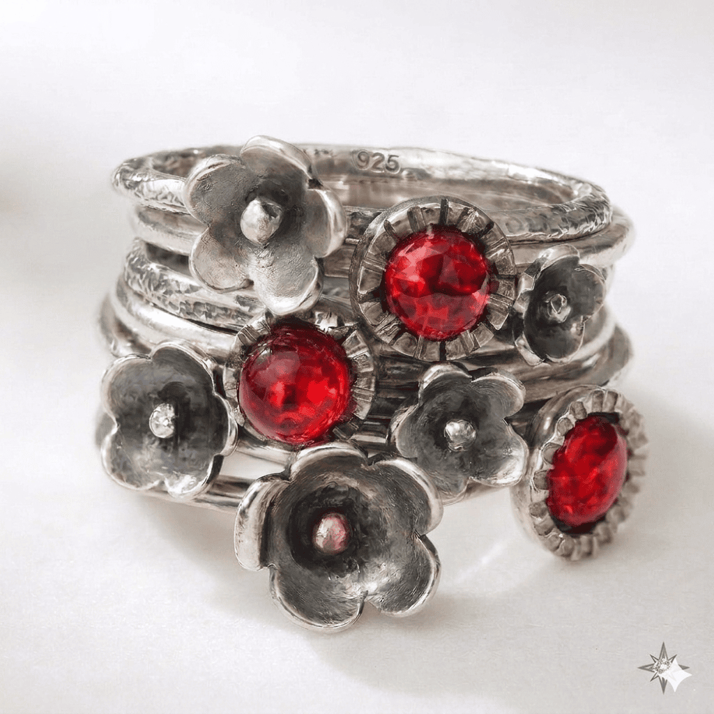 Garnet Garden Party Handmade Sterling Silver Stacking Rings