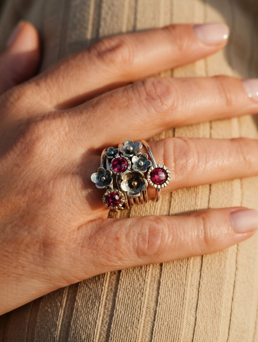 Garnet Garden Party Handmade Sterling Silver Stacking Rings - Image 3