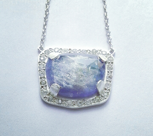 Sterling silver, faceted Tanzanite, faceted and white Sapphire necklace 