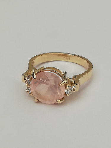 9K yellow Gold, faceted Rose Quartz and Diamond engagement ring