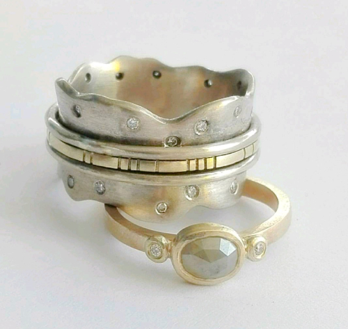 9K yellow and white Gold, 9K white and rose cut Diamond engagement and wedding rings