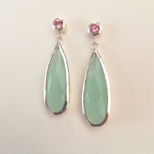 Sterling Silver, faceted chalcedony and pink Tourmaline stud earrings