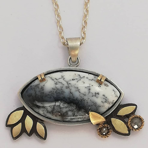 Snow Falling on Cedars - back of a custom made Sterling Silver, yellow Gold, landscape Agate and rose cut Diamond necklace