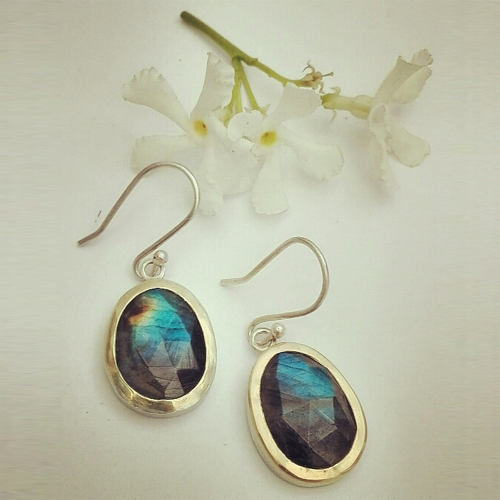 Yellow gold, faceted Labradorite earrings